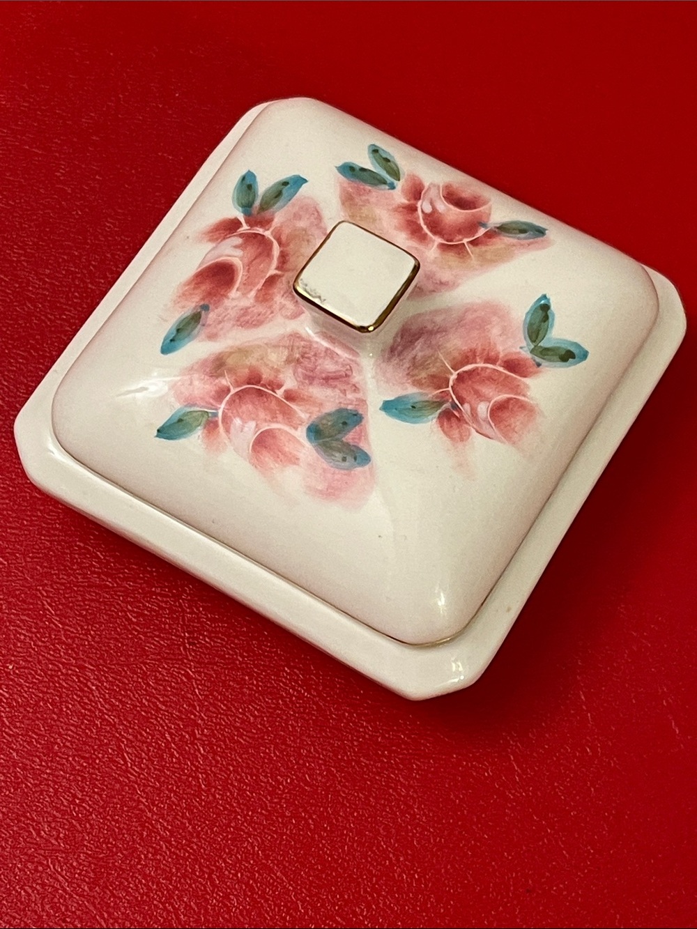 Stiffel Pink Rose Ceramic Trinket Box w/Lid 3" Square